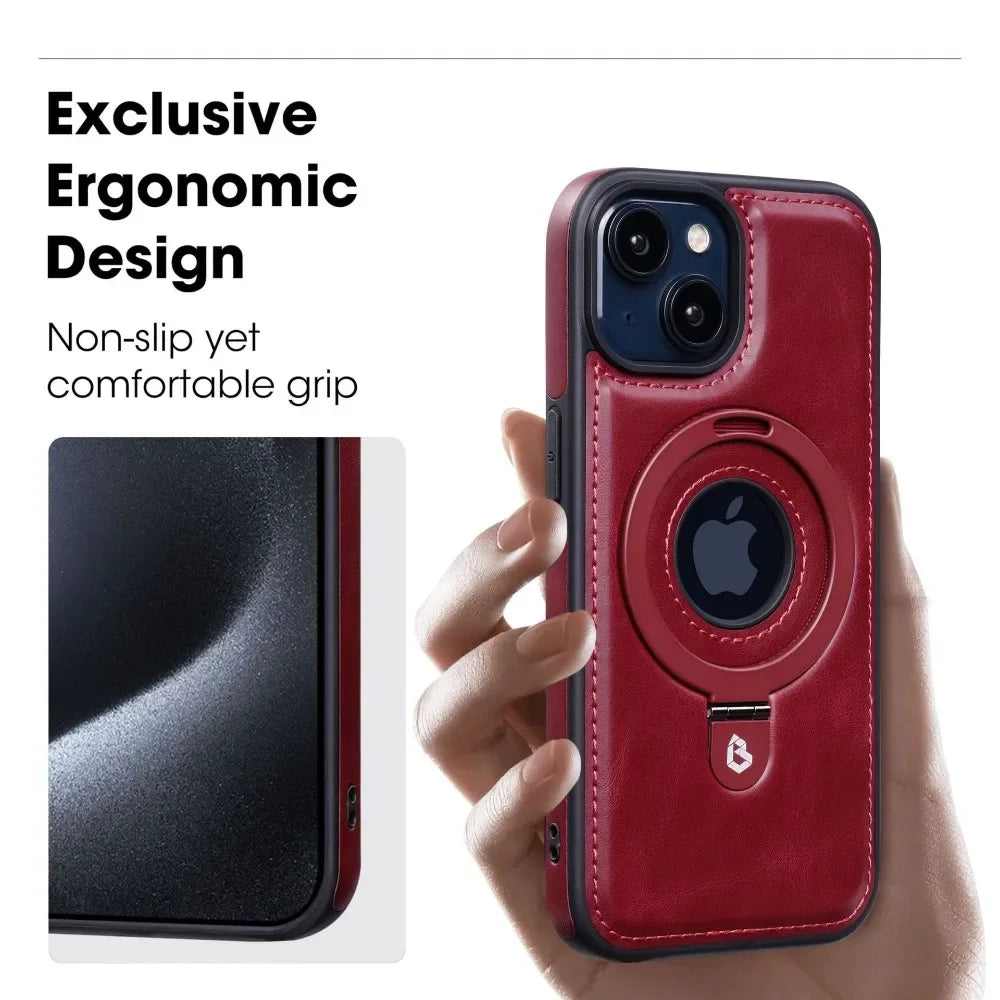Premium Leder iPhone Hülle mit Magnetring-Ständer: 360 Grad Rotierende Gyro-Standfunktion & Faltbarer Halter | MagSafe Case, Rundumschutz, Kameralinsenschutz für Apple iPhone 16/16e, 15, 14, 13, 12 Pro Max, Pro, Plus, Mini Cover | Panzertasche Schutzhülle