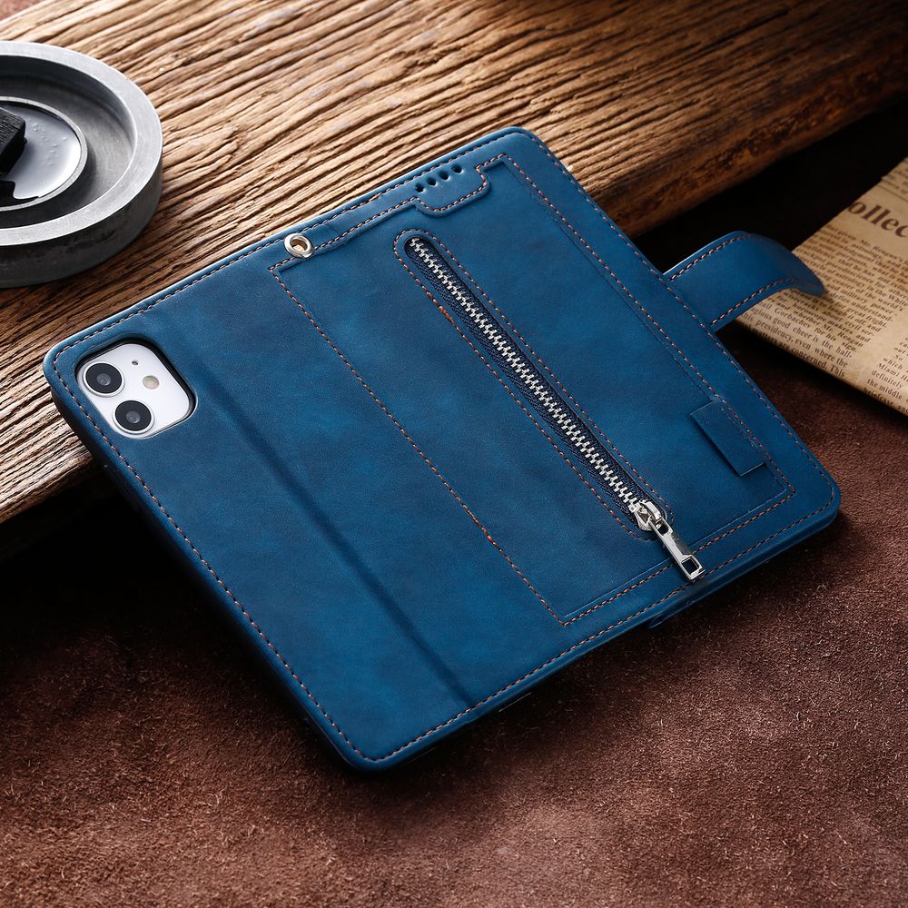 Hochwertige Leder-Handyhülle mit Reißverschluss, Kartenhalter, Stand und Riemen iPhone Hülle | Flip-Cover Case für Apple iPhone 16/16e, 15, 14, 13, 12 Pro Max, Pro, Plus & Mini - Vielseitige Schutzhülle