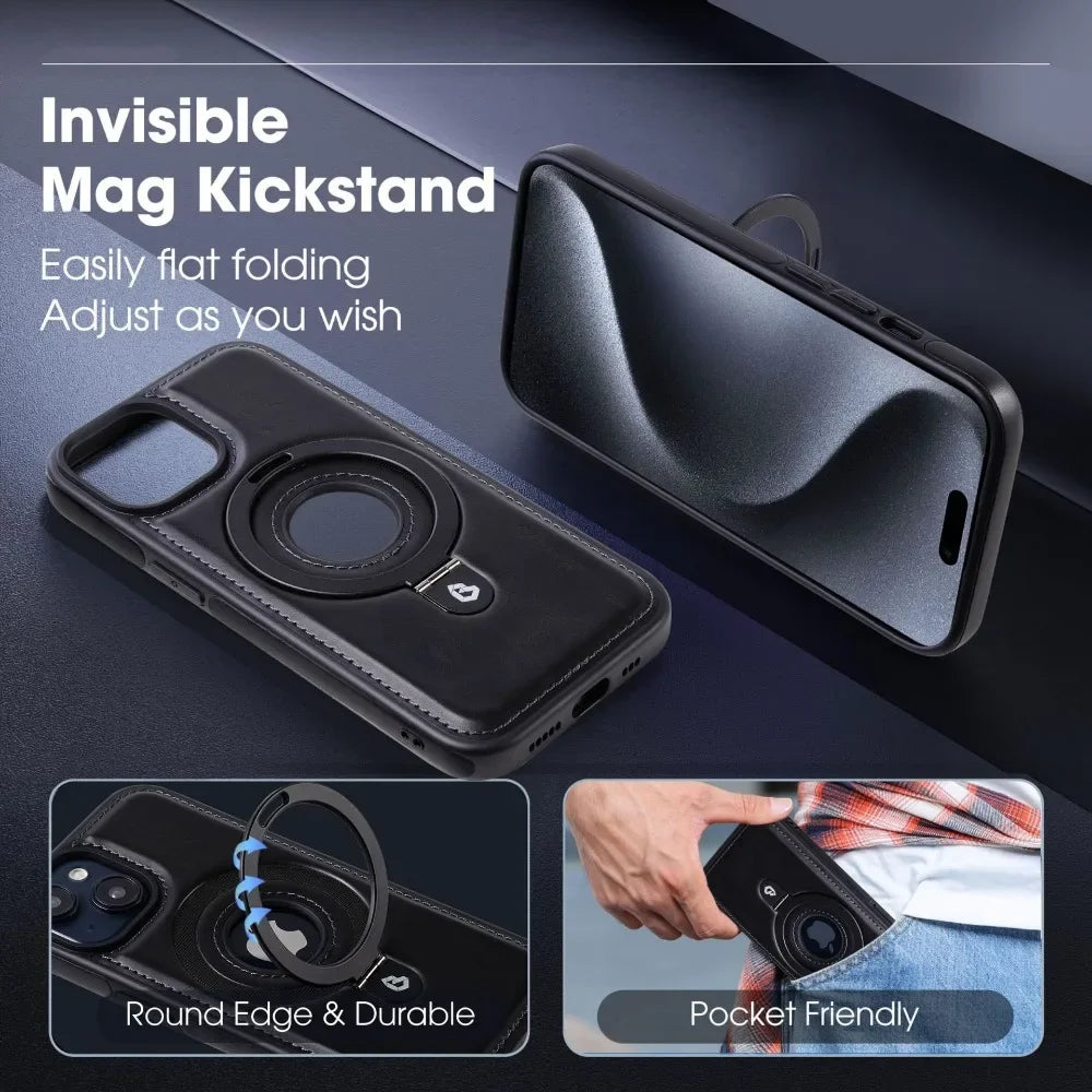 Premium Leder iPhone Hülle mit Magnetring-Ständer: 360 Grad Rotierende Gyro-Standfunktion & Faltbarer Halter | MagSafe Case, Rundumschutz, Kameralinsenschutz für Apple iPhone 16/16e, 15, 14, 13, 12 Pro Max, Pro, Plus, Mini Cover | Panzertasche Schutzhülle