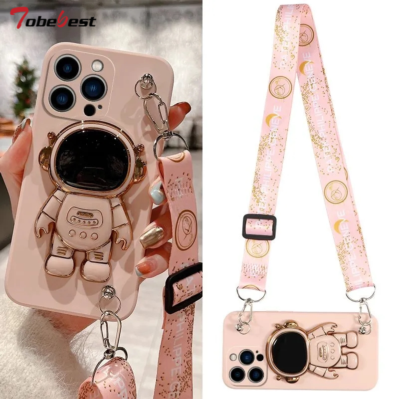 Luxus Crossbody-Lanyard Astronauten-Telefonhalterung und Ständer iPhone Hülle | MagSafe Case mit Rundumschutz und Kameralinsenschutzabdeckung für Apple iPhone 15/14/13/12 Pro Max Plus Cover | Panzertasche Handyhülle | Premium Schutzhülle - Phone Heaven Zone