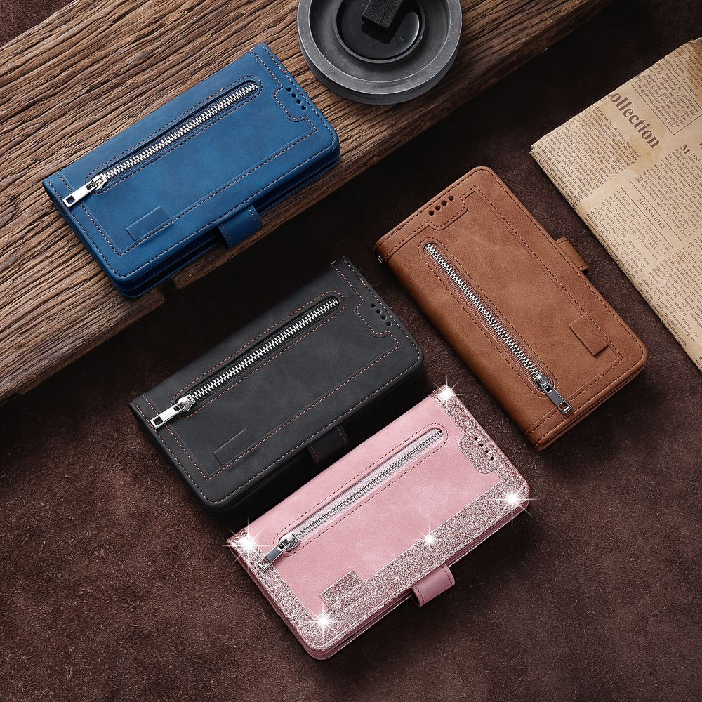Hochwertige Leder-Handyhülle mit Reißverschluss, Kartenhalter, Stand und Riemen iPhone Hülle | Flip-Cover Case für Apple iPhone 16/16e, 15, 14, 13, 12 Pro Max, Pro, Plus & Mini - Vielseitige Schutzhülle