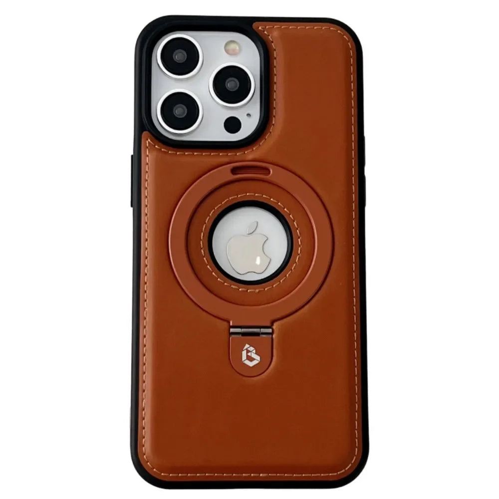 Premium Leder iPhone Hülle mit Magnetring-Ständer: 360 Grad Rotierende Gyro-Standfunktion & Faltbarer Halter | MagSafe Case, Rundumschutz, Kameralinsenschutz für Apple iPhone 16/16e, 15, 14, 13, 12 Pro Max, Pro, Plus, Mini Cover | Panzertasche Schutzhülle