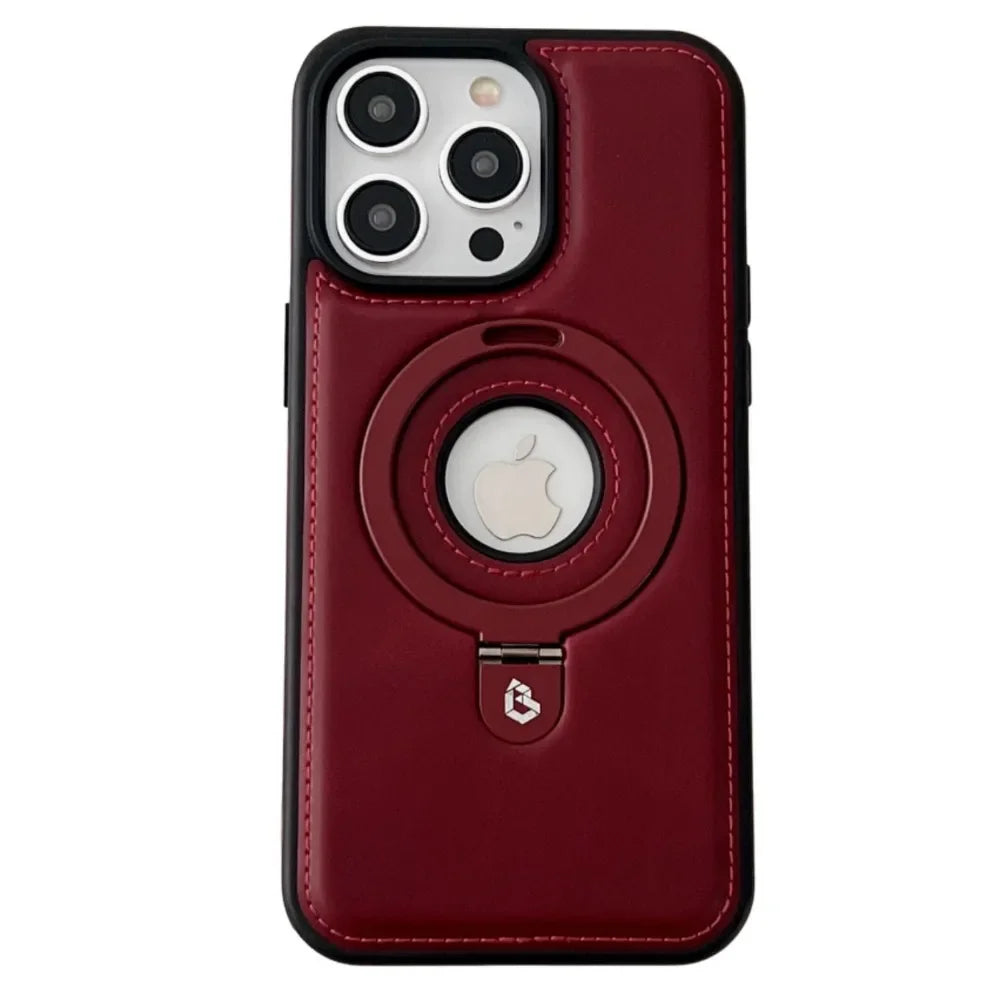 Premium Leder iPhone Hülle mit Magnetring-Ständer: 360 Grad Rotierende Gyro-Standfunktion & Faltbarer Halter | MagSafe Case, Rundumschutz, Kameralinsenschutz für Apple iPhone 16/16e, 15, 14, 13, 12 Pro Max, Pro, Plus, Mini Cover | Panzertasche Schutzhülle