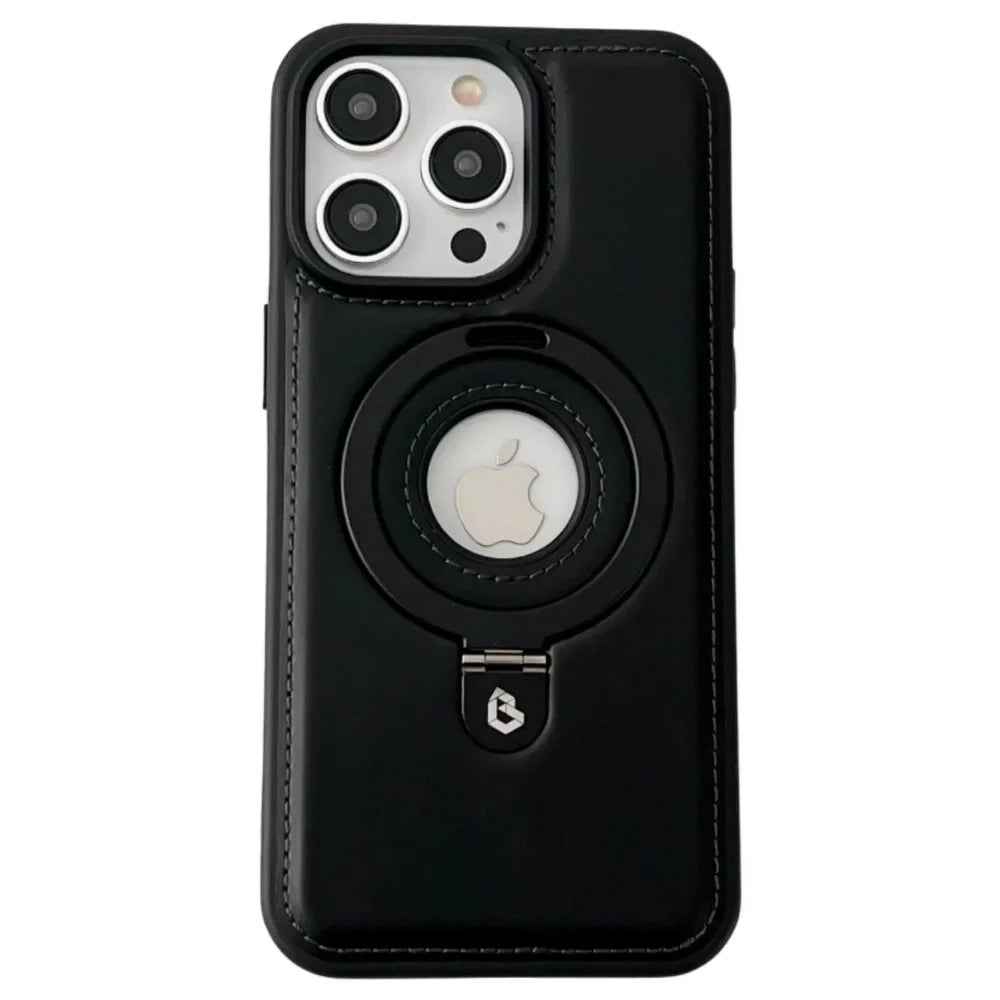 Premium Leder iPhone Hülle mit Magnetring-Ständer: 360 Grad Rotierende Gyro-Standfunktion & Faltbarer Halter | MagSafe Case, Rundumschutz, Kameralinsenschutz für Apple iPhone 16/16e, 15, 14, 13, 12 Pro Max, Pro, Plus, Mini Cover | Panzertasche Schutzhülle