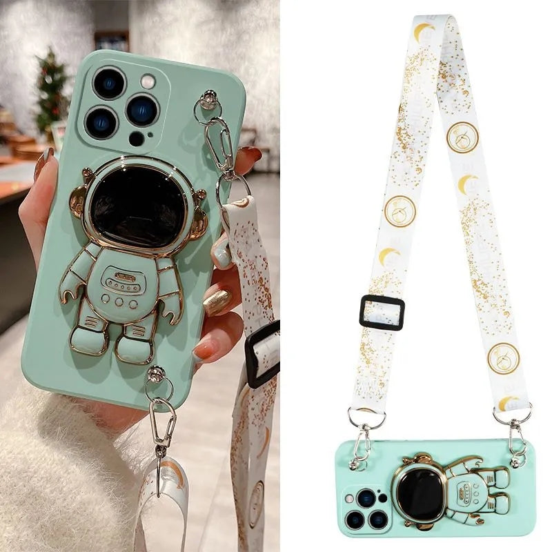 Luxus Crossbody-Lanyard Astronauten-Telefonhalterung und Ständer iPhone Hülle | MagSafe Case mit Rundumschutz und Kameralinsenschutzabdeckung für Apple iPhone 15/14/13/12 Pro Max Plus Cover | Panzertasche Handyhülle | Premium Schutzhülle - Phone Heaven Zone