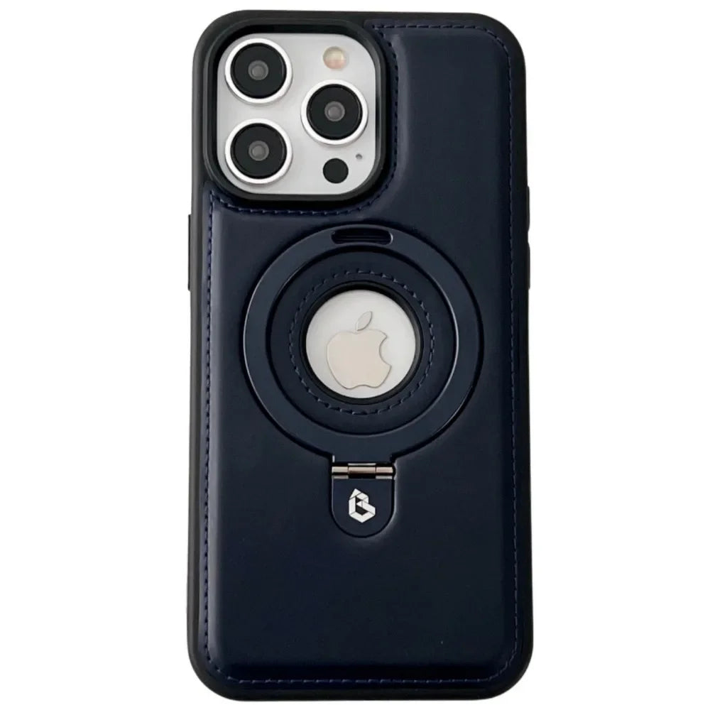 Premium Leder iPhone Hülle mit Magnetring-Ständer: 360 Grad Rotierende Gyro-Standfunktion & Faltbarer Halter | MagSafe Case, Rundumschutz, Kameralinsenschutz für Apple iPhone 16/16e, 15, 14, 13, 12 Pro Max, Pro, Plus, Mini Cover | Panzertasche Schutzhülle