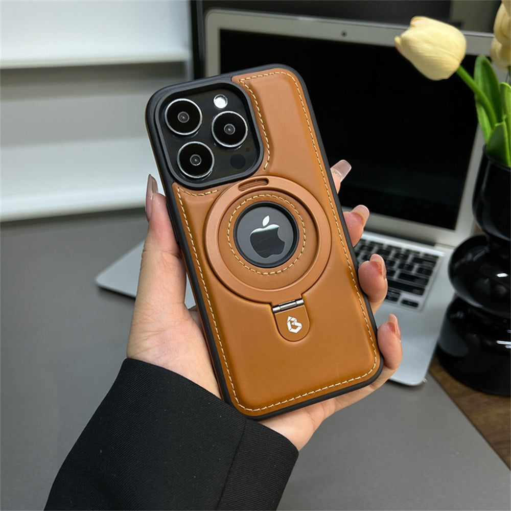 Premium Leder iPhone Hülle mit Magnetring-Ständer: 360 Grad Rotierende Gyro-Standfunktion & Faltbarer Halter | MagSafe Case, Rundumschutz, Kameralinsenschutz für Apple iPhone 16/16e, 15, 14, 13, 12 Pro Max, Pro, Plus, Mini Cover | Panzertasche Schutzhülle