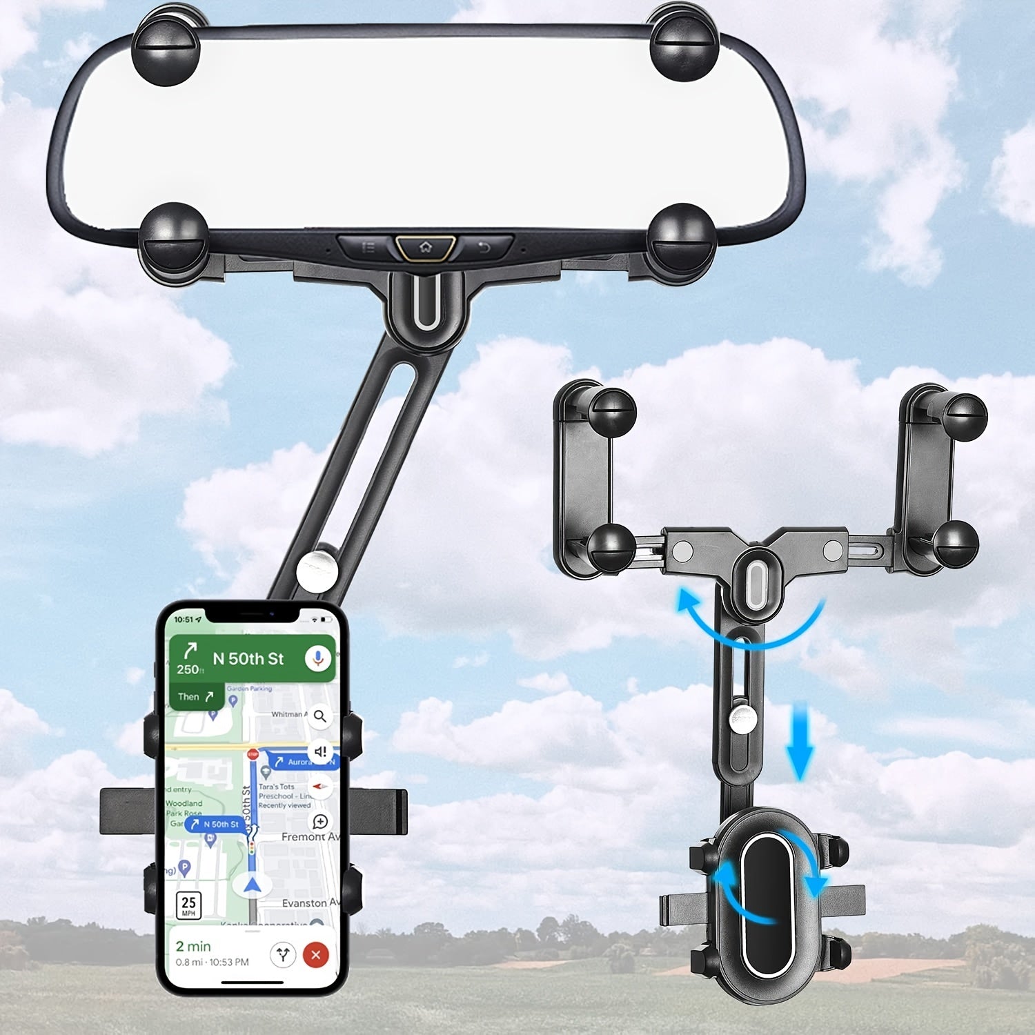 Premium 3-in-1 verstellbare Auto-Handyhalterung für Apple iPhone | Armaturenbrett, Rückspiegel & Sonnenblendenhalterung - Leicht 