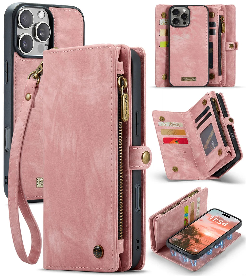 Hochwertiges 2-in-1 Abnehmbare Leder Brieftasche Flip Stand iPhone Hülle | MagSafe Case mit Rundumschutz und Kameralinsenschutzabdeckung für Apple iPhone 16/15/14/13/12 Pro Max Plus Mini Cover | Panzertasche Handyhülle | Wallet & Geldbörse Schutzhülle