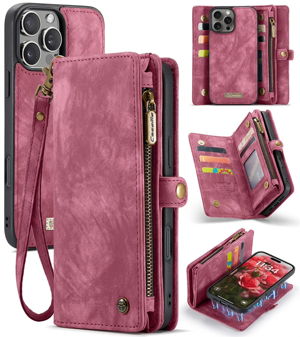 Hochwertiges 2-in-1 Abnehmbare Leder Brieftasche Flip Stand iPhone Hülle | MagSafe Case mit Rundumschutz und Kameralinsenschutzabdeckung für Apple iPhone 16/15/14/13/12 Pro Max Plus Mini Cover | Panzertasche Handyhülle | Wallet & Geldbörse Schutzhülle